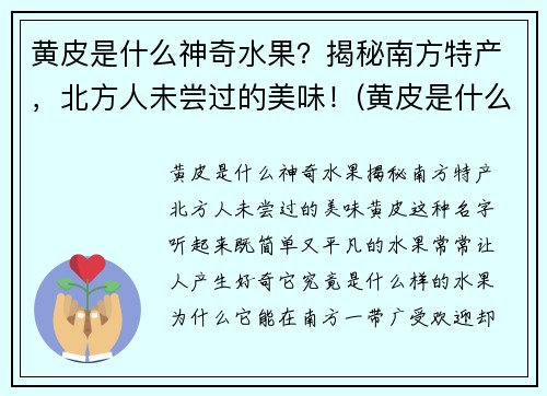 黄皮是什么神奇水果？揭秘南方特产，北方人未尝过的美味！(黄皮是什么类型的水果)