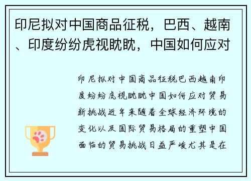 印尼拟对中国商品征税，巴西、越南、印度纷纷虎视眈眈，中国如何应对贸易新挑战？