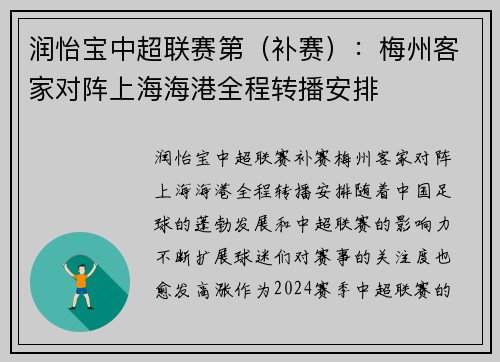 润怡宝中超联赛第（补赛）：梅州客家对阵上海海港全程转播安排