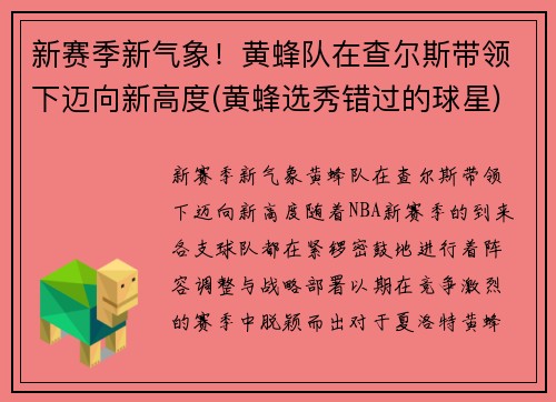 新赛季新气象！黄蜂队在查尔斯带领下迈向新高度(黄蜂选秀错过的球星)