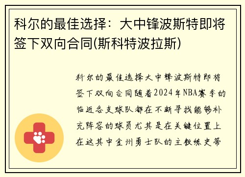 科尔的最佳选择：大中锋波斯特即将签下双向合同(斯科特波拉斯)