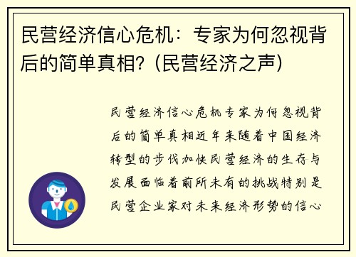 民营经济信心危机：专家为何忽视背后的简单真相？(民营经济之声)